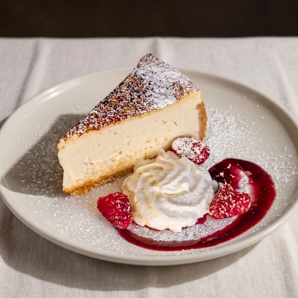 A slice of cheesecake with powdered sugar, whipped cream, raspberries, and raspberry sauce on a white plate.