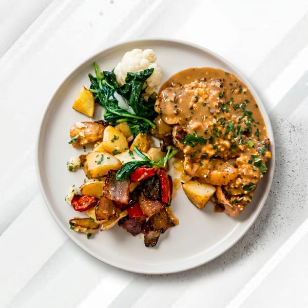 Chicken with creamy sauce, roasted potatoes, mixed vegetables, spinach, and cauliflower on a white plate.