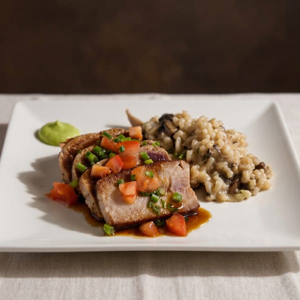 Seared tuna with diced tomatoes, green onions, and a side of mushroom risotto and green sauce.