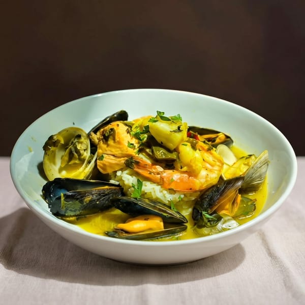 A white bowl filled with seafood paella, including mussels, shrimp, and clams over rice.