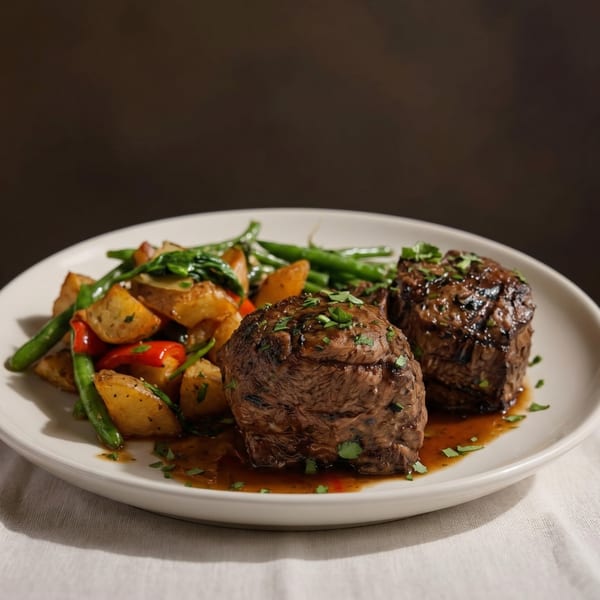 Two grilled steaks with roasted potatoes, green beans, and red peppers on a white plate.