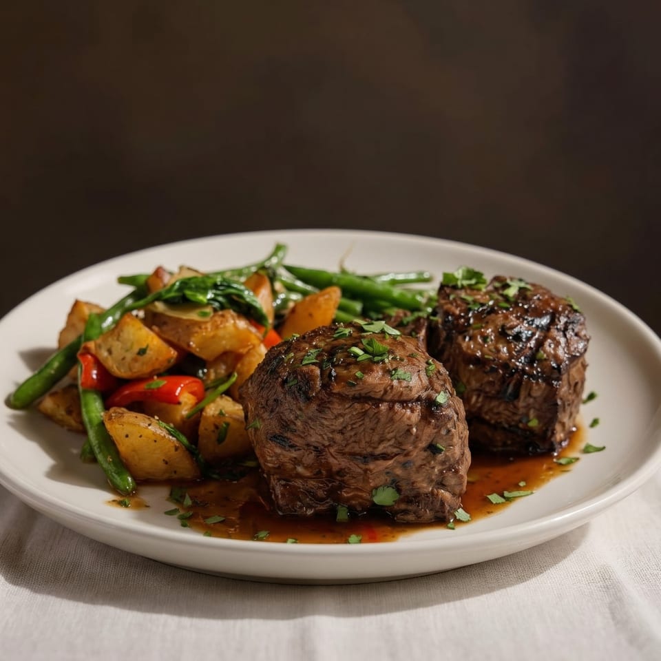Two grilled steaks with roasted potatoes, green beans, and red peppers on a white plate.