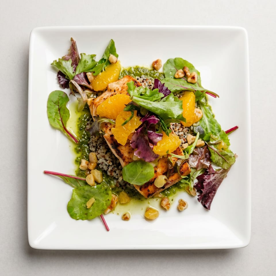 Grilled salmon with quinoa, orange segments, mixed greens, and a green sauce on a white plate.