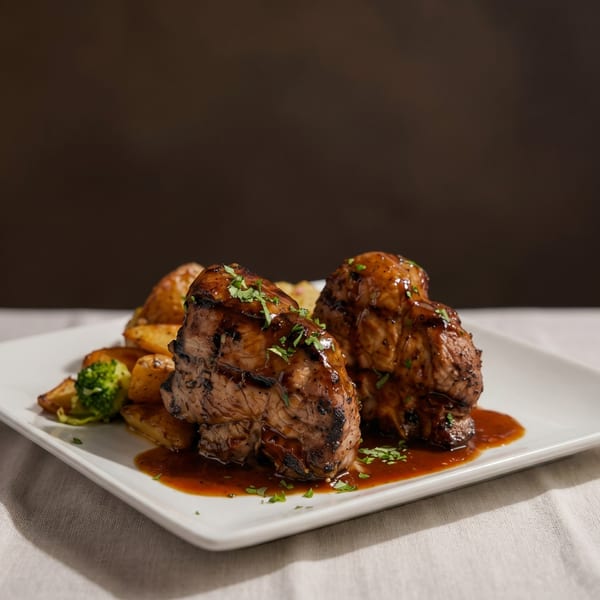 Two grilled steaks with gravy, roasted potatoes, and broccoli on a white rectangular plate.